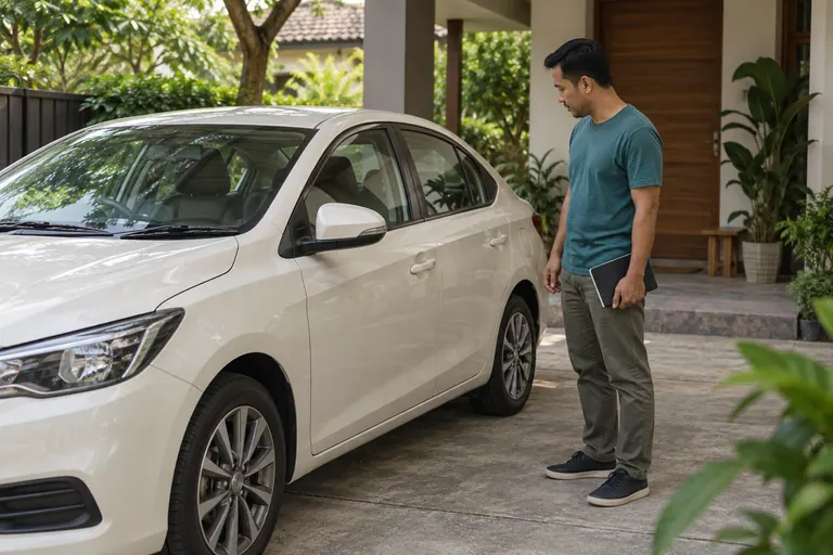 Pelanggan berbaju teal melihat pintu tertutup kereta ivory sambil memegang buku di rumah