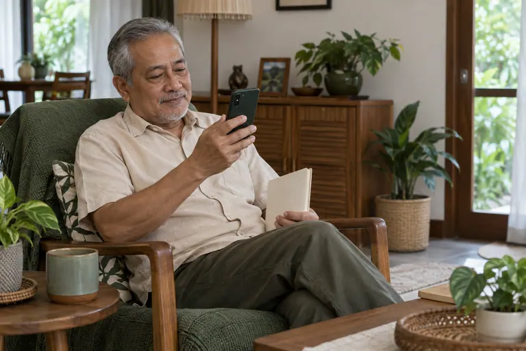 Pelanggan lebih berusia berpakaian beige memegang telefon dengan skrin terlindung dan buku krim tertutup