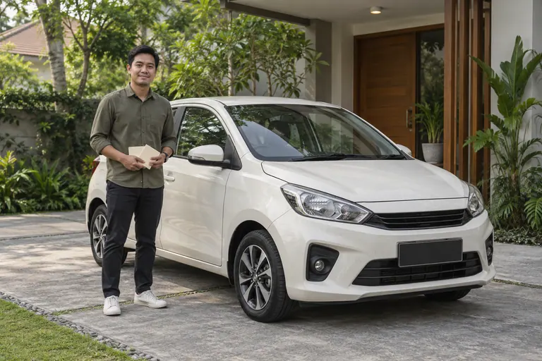 Pelanggan berkemeja olive memegang dua sampul krim di sebelah kereta ivory yang diparkir di rumah