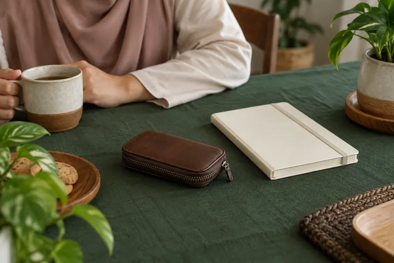 Kantung coklat berzip tertutup dan buku krim tertutup di meja hijau dengan pelanggan di belakang