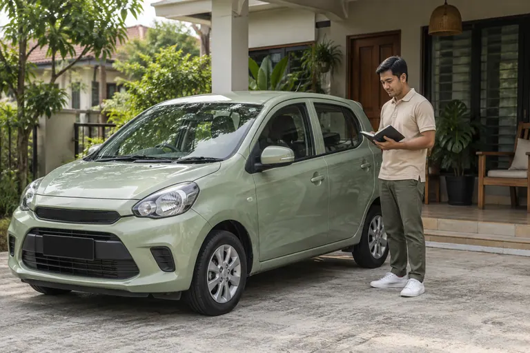 Pelanggan berpolo beige membaca buku di sebelah kereta hijau pucat di beranda rumah