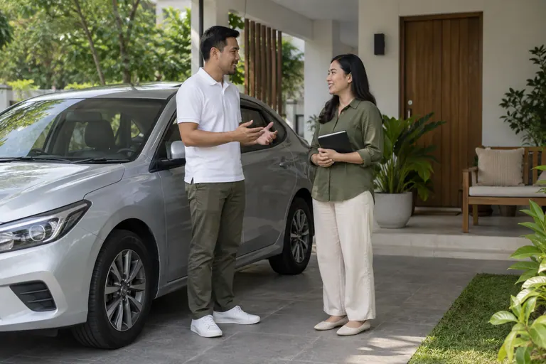 Dua pelanggan berpakaian putih dan olive berbincang dengan buku tertutup di sebelah kereta kelabu