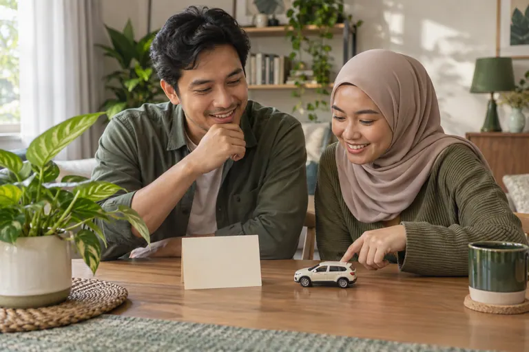 Dua pelanggan melihat kad krim kosong dan kereta model ivory di meja kayu dengan tumbuhan