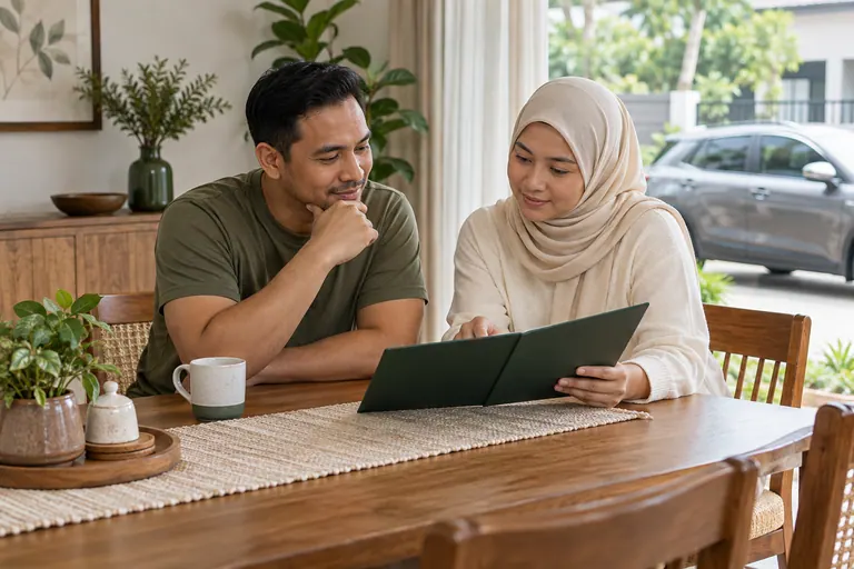 Dua pelanggan berbaju olive dan krim melihat folder hijau di meja makan rumah