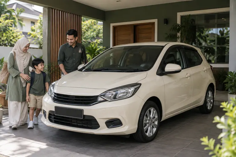Keluarga berpakaian kasual di sebelah kereta hatchback krim yang diparkir di beranda rumah